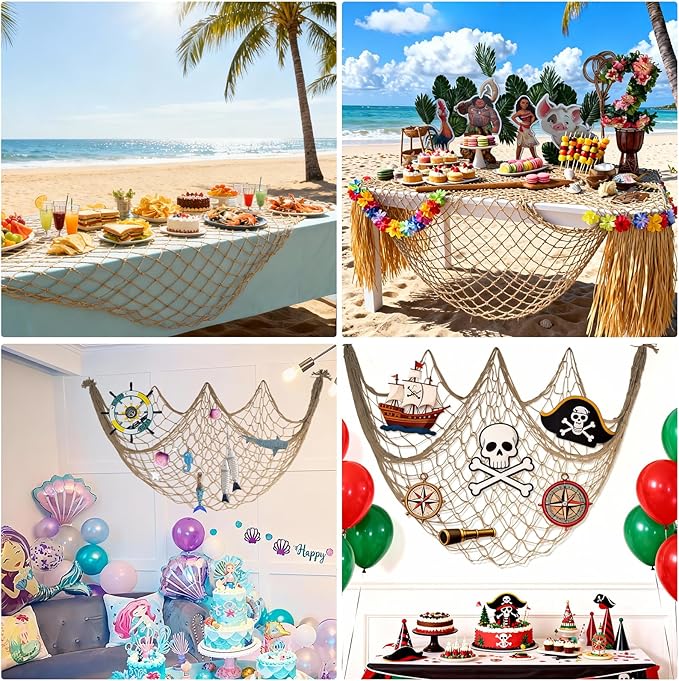 Fishing Net Decor for Party - 80x40 In Brown Fish Net Decorations Under The Sea Hawaiian Mermaid Pirate Beach Party Decorations, 3mm Natural Cotton Fishnet Ocean Nautical Themed Wall Table Decor