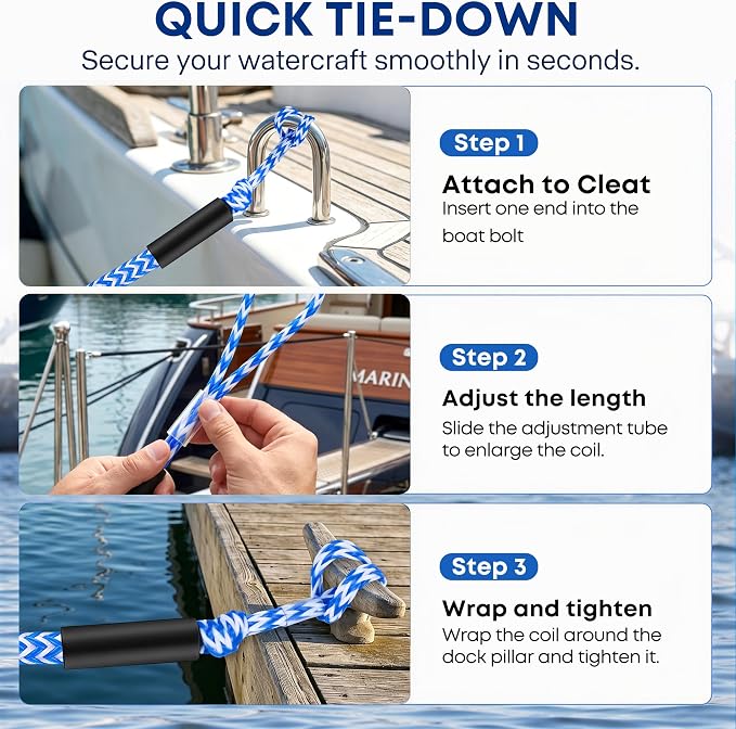 Boat Bungee Dock Lines, Scratch-Free Loop Ends Mooring Rope, Shock Absorbing Pontoon Tie Down Accessories Compatible with Models for Jet Ski（3ft-2 Pack-Blue&White Stripes）