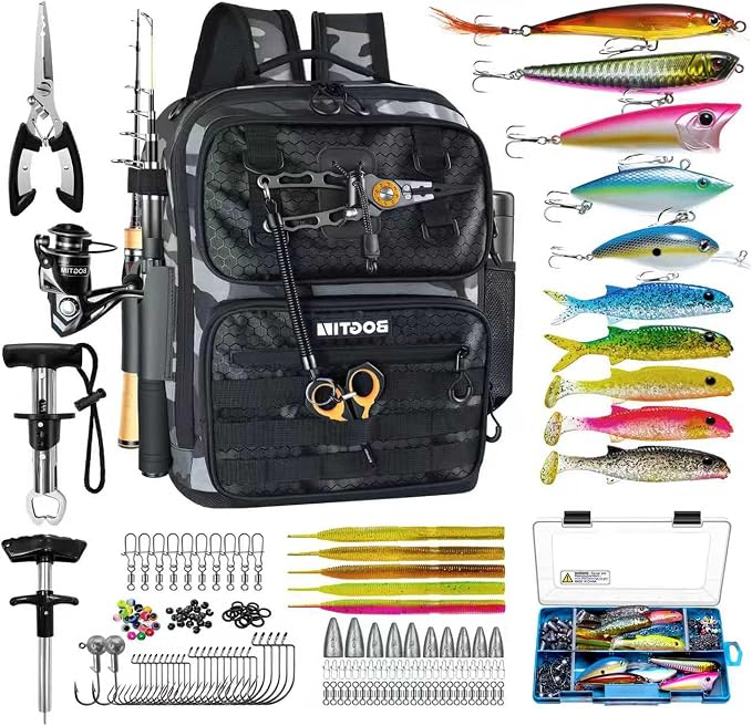 Fishing Backpack with Tackle Boxes and Rod Holders, Fishing Bag with Fishing Lure Kit Water-resistant Sling Tackle Bag Store Gear and Equipment, Bait Gifts for Men Woman Anglers-Grey Backpack