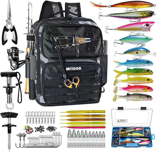 Fishing Backpack with Tackle Boxes and Rod Holders, Fishing Bag with Fishing Lure Kit Water-resistant Sling Tackle Bag Store Gear and Equipment, Bait Gifts for Men Woman Anglers-Grey Backpack