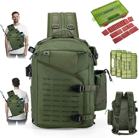 Goture Green Tackle Bag with 3600 Trays, Rod Holder 900D Fishing Tackle Storage Bag for Kayak, Shore Fishing