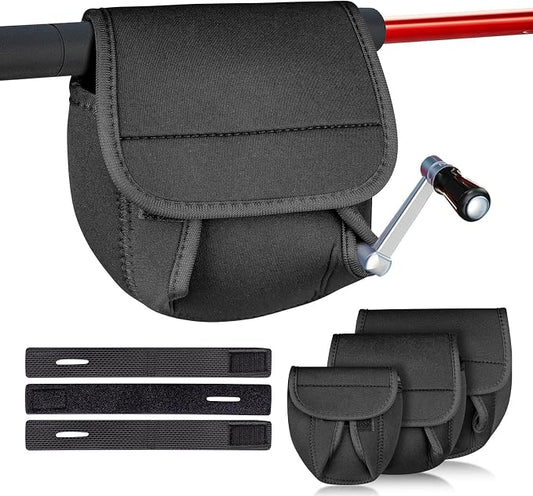 3-Size Fishing Reel Cover Pouch + 3 Black Fishing Rod Straps, Protective Reel Case for Baitcasting and Spinning Reels, Adjustable Fishing Rod Strap for Fishing Gear Storage