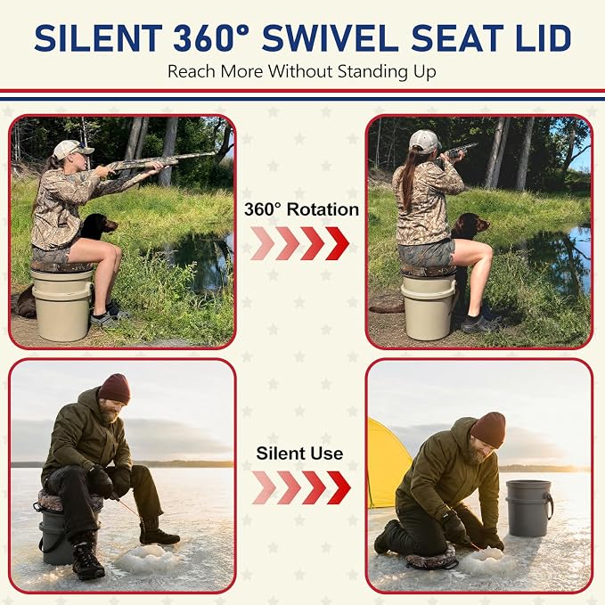 5 Gallon Bucket Seat for Yeti Loadout Bucket Only, 3" Thickened Foam Cushion, 360°Swivel Seats with Hang-It Hook, Seat lid for Dove Duck Hunting, Ice Fishing, Baseball, Camping, Gardening