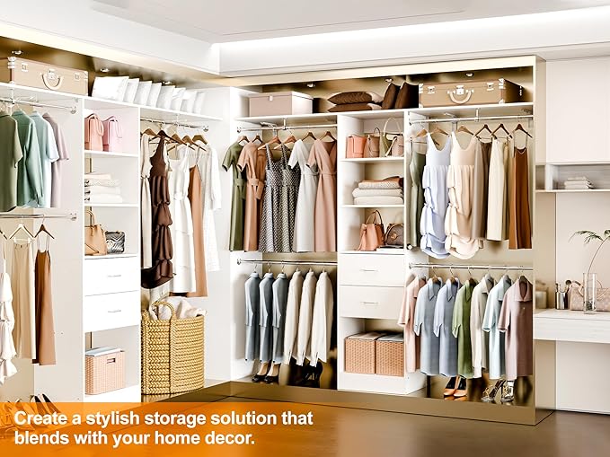 Closet System, 6-9FT Walk-in Closet Organizer System with 2 Wooden Drawers 4 Expandable Hanging Rods, Wood Wardrobe Storage Organizer with Valet Rod, Clothes Garment Rack for Bedroom, White