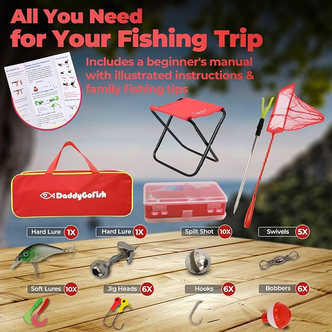 DaddyGoFish Kids Fishing Pole - Rod Reel Combo Tackle Box Starter Set - First Year Small Dock Gear Kit for Boys Girls Toddler Youth Age Beginner Little Children Junior Anglers