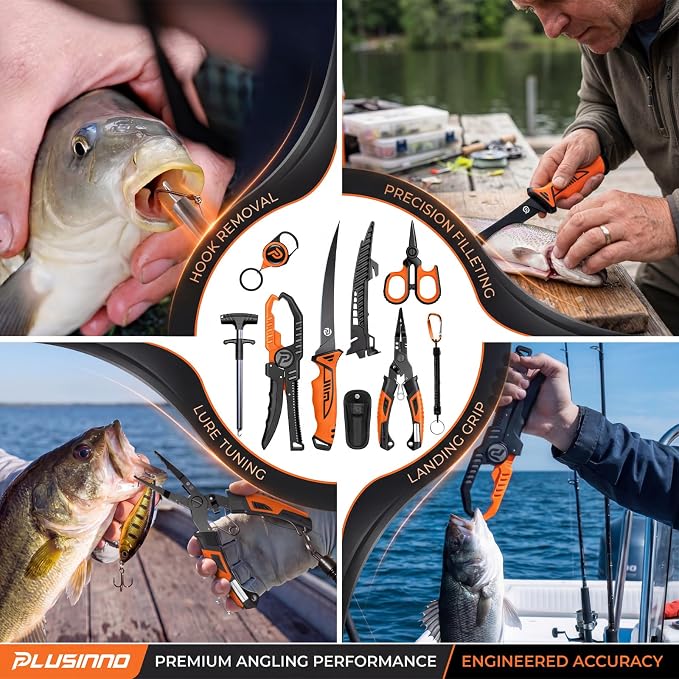 PLUSINNO Fishing Gear, Fishing Tools Kit, 7pcs Fishing Accessories, Corrosion Resistant Fishing Pliers, Fish Knife, Fish Lip Gripper, Fishing Gifts for Men