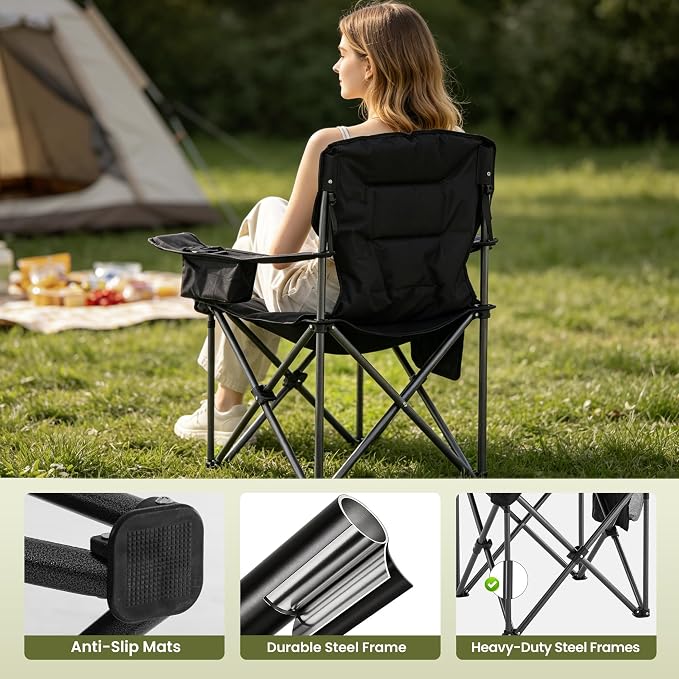 Oversized Camping Chairs for Adults 2 Pack Heavy Duty 450LBS Thick 600D Oxford Fabric Outdoor Folding Camping Chairs with Cup Holder and Ice Bag for Sports, Fishing, Lawn (Black & Light Gray)