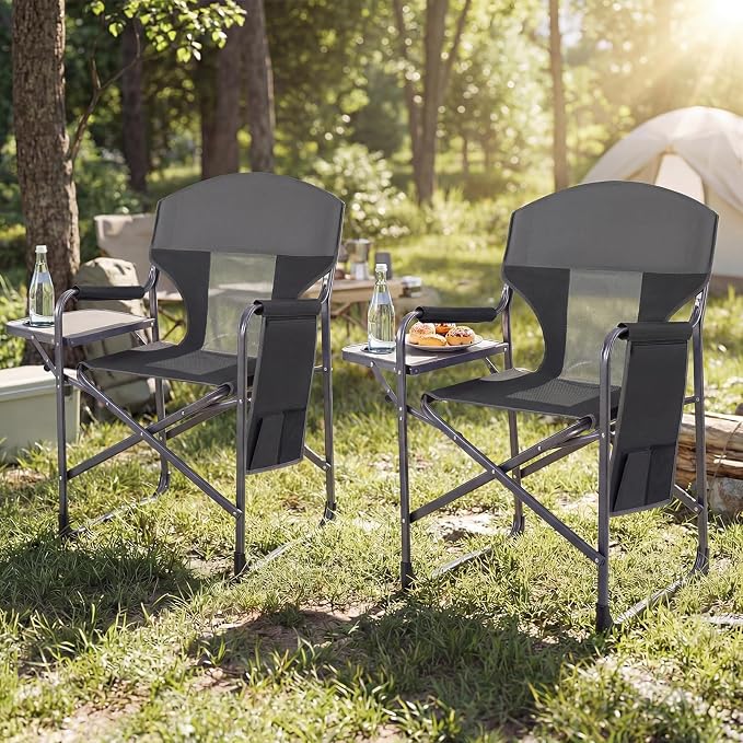 COSTWAY Oversized Folding Camping Chair with Padded Seat, Side Table, Cup Holder & Storage Pocket, Heavy-Duty Portable Director's Chair for Beach, Fishing, Picnic & Sports, Supports 400 lbs (Black,1)