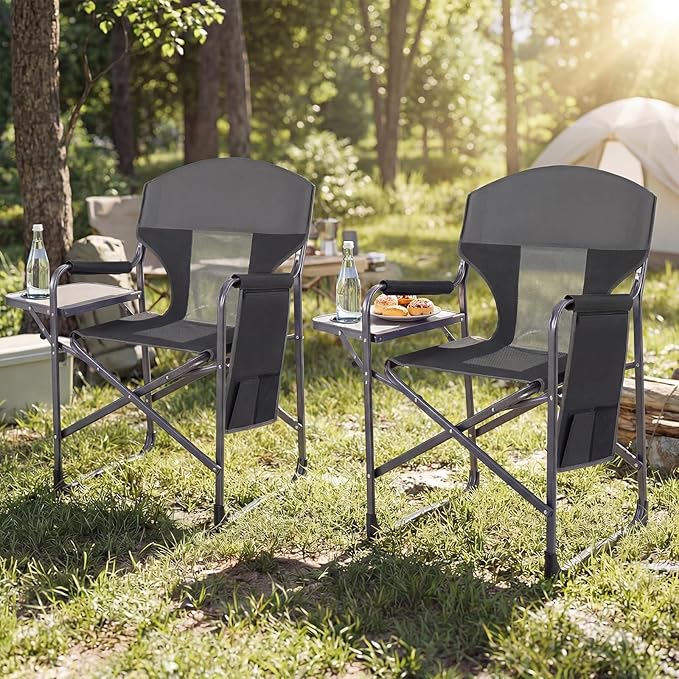 COSTWAY Oversized Folding Camping Chair with Padded Seat, Side Table, Cup Holder & Storage Pocket, Heavy-Duty Portable Director's Chair for Beach, Fishing, Picnic & Sports, Supports 400 lbs (Black,2)