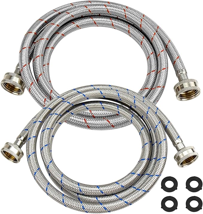 Beaquicy 6 Ft Washer Stainless Steel Hoses Braided Stainless Steel Water Supply Line - Hot and Cold Striped Water Supply Lines for Washing Machine - 2 Pack