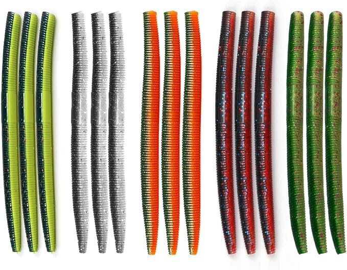 Senko Worms for Bass Fishing - 4" / 5" Soft Plastic Baits with Scented & Flavored Salt Impregnation - 15pcs Freshwater Saltwater Fishing Lures Kit