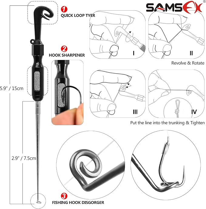 SAMSFX Fishing Stainless Steel Hook Tier, Knot Tying Tool, Loop Tyer, Hook Remover and Zinger Retractors Combo