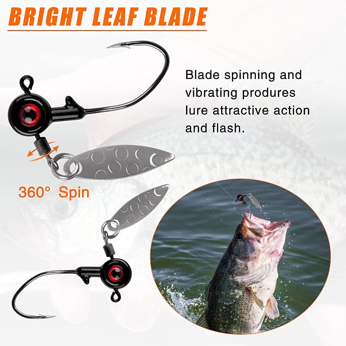 Crappie Jig Heads Fishing Lures Kit, 15pcs Underspin Jig Heads with Spinner Blade Crappie Lures Eye Ball Head Painted Fishing Jigs for Bass, Trout, Panfish, Sunfish