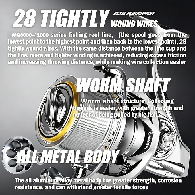 Heavy Duty Spinning Reel Metal Body with CNC Machined Spool 55LB Max Drag 8/10+1 BB Ultra Smooth 4.1/4.6/4.8:1 High Speed Gear Ratio Saltwater Freshwater Fishing Reel for 8000 to 16000 Series