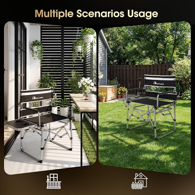 MOON LENCE Directors Camping Chair, Heavy Duty,Oversized Portable Folding Chair with Side Table for Beach, Fishing,Picnic,Lawn,Outdoor Event (Black, 2PCS)
