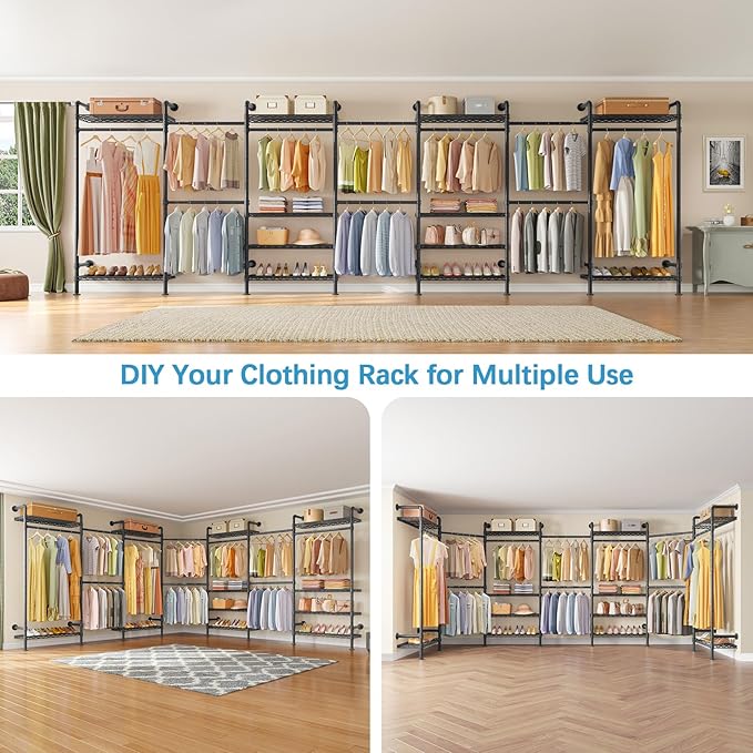 Timate U3 U Shape Garment Rack Heavy Duty Clothes Rack for Hanging Clothes, Expandable Industrial Pipe Clothing Rack Wall Mounted Closets L Shaped Wardrobe Closet System, Large Closet Kit, Black