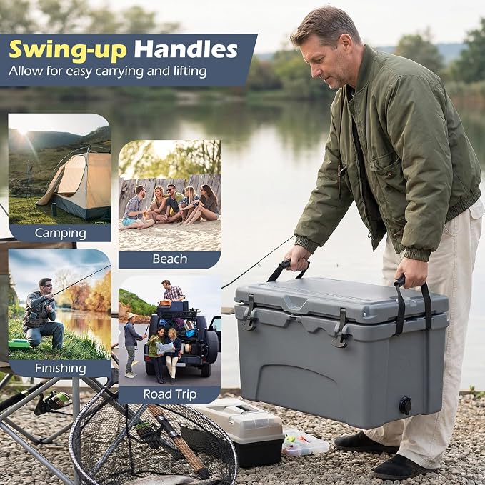 Goplus Hard Cooler, Insulated Ice Chest w/Portable Handles, Cup Holders, Ruler, Bottle Opener, 6 Day Ice Retention for Drink, Beverage, Camping, Fishing, Beach