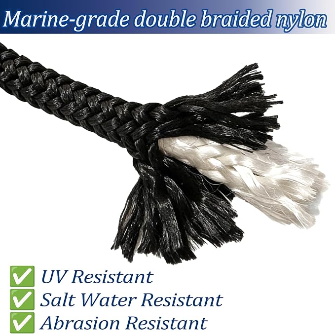 Boat Dock Lines, 3/8" x 10ft Double Braided Nylon Docking Line with Loop, Marine Grade Boats Mooring Rope, Boating Accessories
