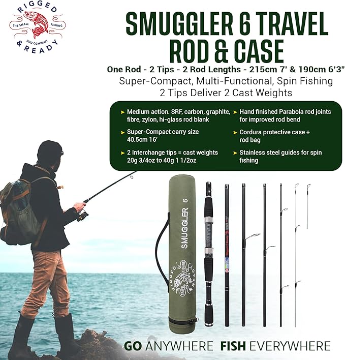 Rigged and Ready Smuggler Series™ Travel Fishing Rods. Super Compact, 1 Spinning Rod and Reel Combo, 4 Spin, 1 Casting Rod + Cases. 2, 3 or 4 Tips. Spin and General Freshwater - Saltwater Fishing