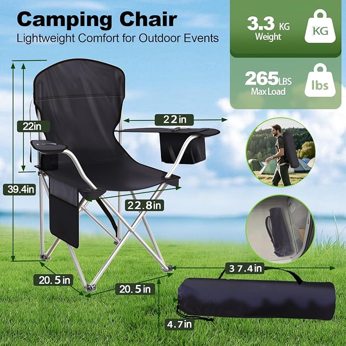 VTOY Folding Camping Chairs Durable 600D Oxford, Portable Outdoor Chair with Cooler Pouch, Cup Holder & Storage Pocket for Camping, Beach, Fishing