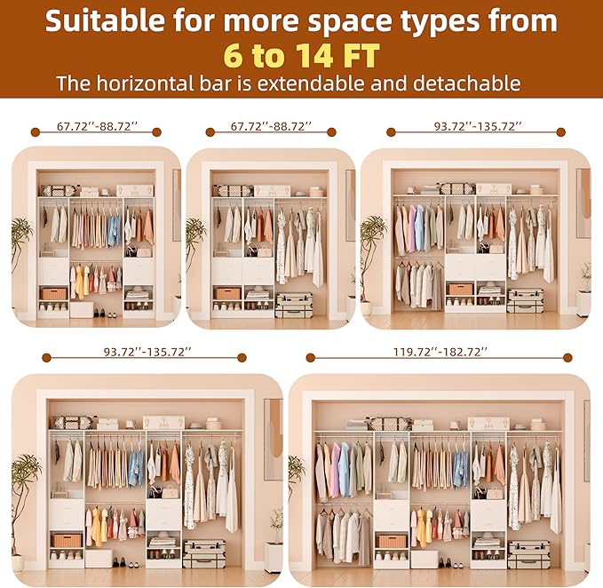 Closet System Set of 2, Closet Organizer System With 4 Wood Drawers, Walk-In Closet Storage System With 10 Hanging Rods, Adjustable Cloth Garment Rack, Fits Spaces 6Ft-14Ft, White