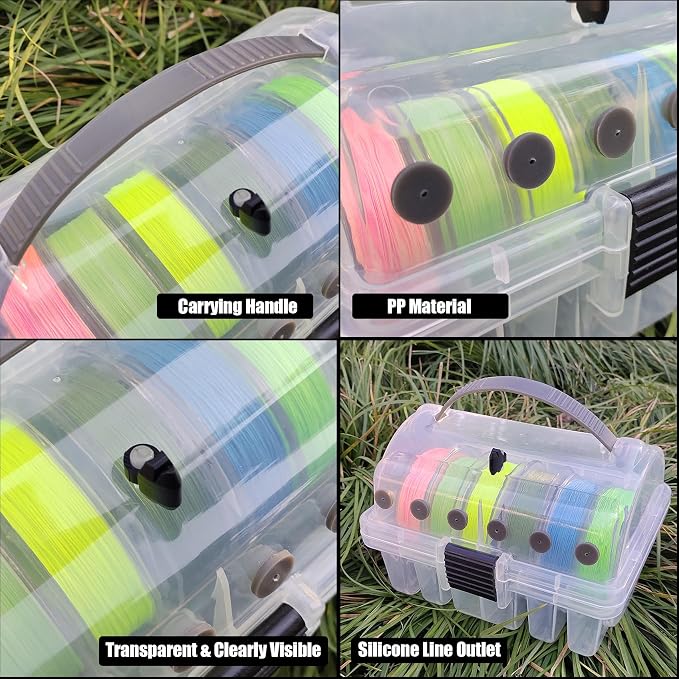 Aventik Clear Fishing Line Organizer Built-in Cutter & Silicone Holes 6C/8C Clear Tangle Free Spool Storage Box for Fishing Line Management