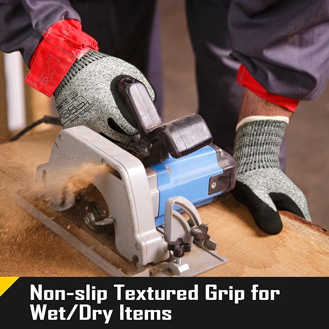 COOLJOB A3 Cut Resistant Safety Work Gloves with Nitrile Grip, Touchscreen & Flexible for Gardening Fishing Construction