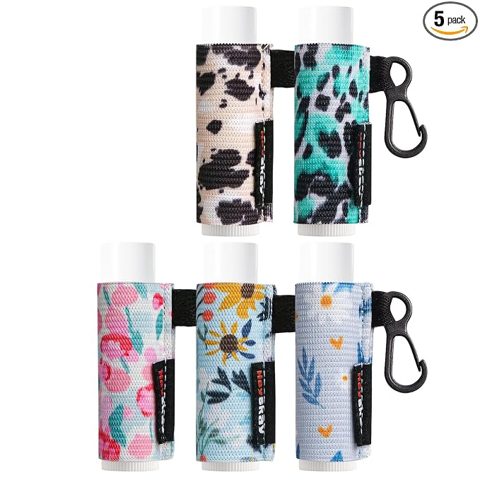 HEYSKAY 5pcs Lip Balm Holder Keychain Lipstick Sleeves Chapstick Elastic Sleeves for Men Women(Daisy/Tulip/Leo)