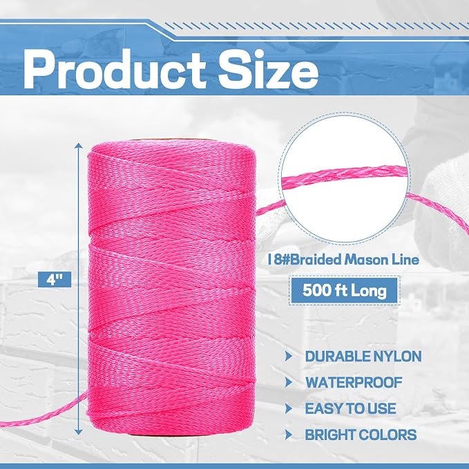 Amylove 6 Roll Mason String Line #18, 500 ft Nylon Braided Construction String Line, Heavy Duty Outdoor Twine Rope for Gardening or Masonry Tools Construction DIY Project, Fluorescent Pink
