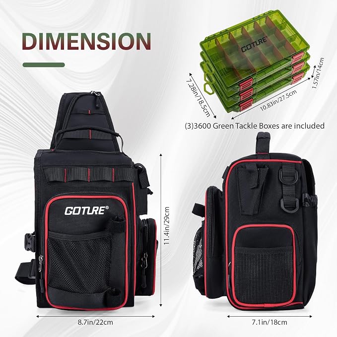 Goture OpenSide Fishing Sling Tackle Storage Bag with 3 Tackle Boxes, Lightweight Fishing Backpack Storge Gear - Black Bag Outdoor,Gift for men