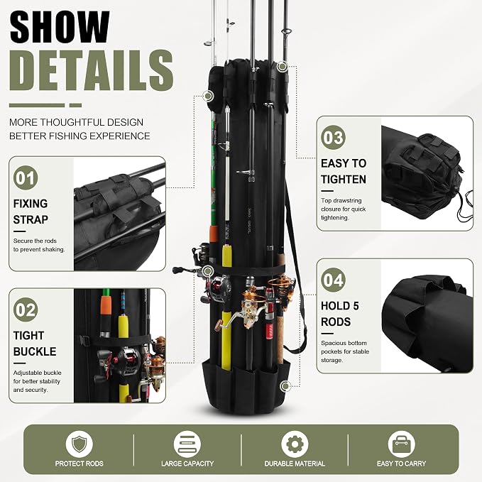 AGOOL Fishing Pole Bag with Rod Holder Fishing Rod Bag, 5 Rod & Reel Organizer Bag Waterproof Large Capacity Fishing Tackle Storage Bag Travel Carry Case Fishing Gifts for Men