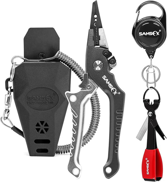 SAMSFX Aluminum Fishing Pliers Hook Remover Braid Line Cutter with Coiled Lanyard, Fly Fishing Knot Tying Tool & Retractors