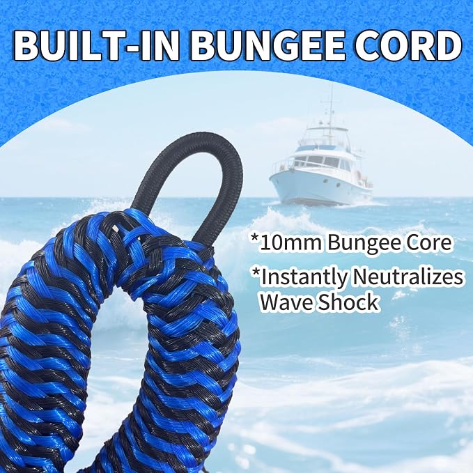 2-Pack Bungee Dock Lines for Boats with Loops, Boat Tie Downs for Docking, Adjustable Boat Mooring Rope for Pontoon, Jon Boat & PWC (Blue & Black Waves, 4 FT)