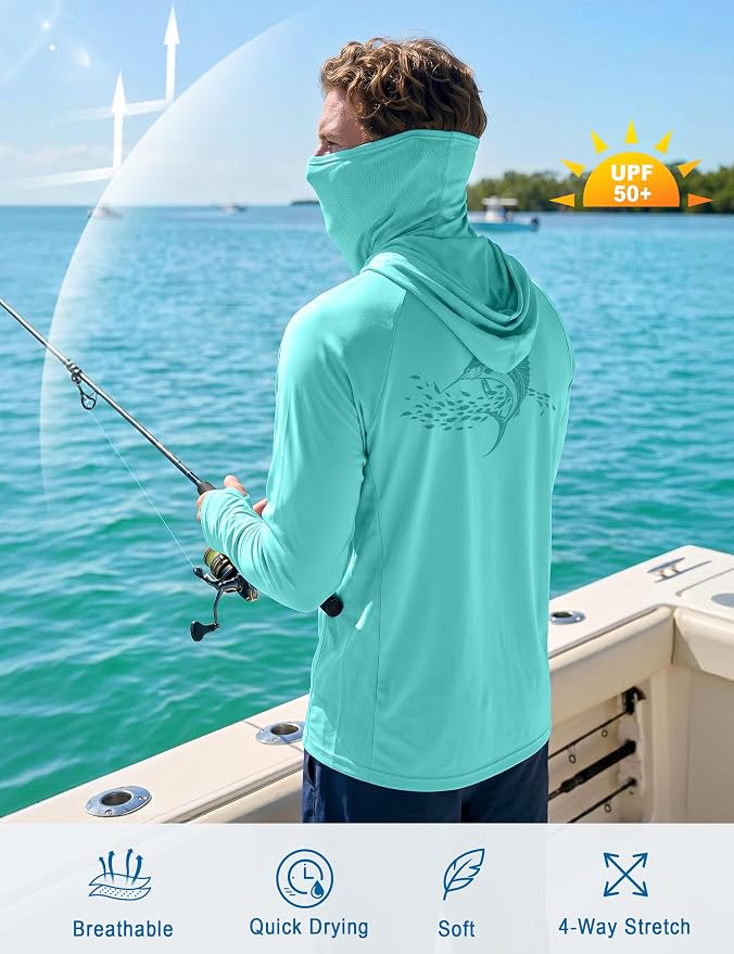 Men's UPF 50+ Long Sleeve Fishing Hoodie, UV Protection Sun Shirt with Hood Mask, Hooded Graphic Shirts for Outdoor