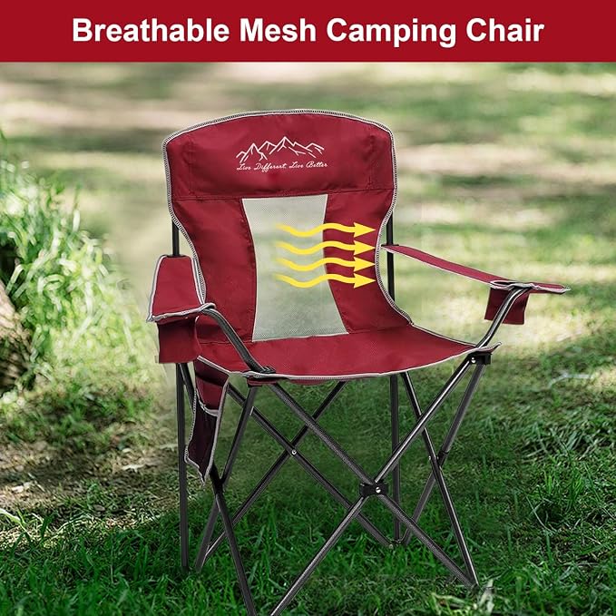 Camping Chairs for Adults Heavy Duty 400lbs Capacity, 2 Pack Folding Chair with Large Anti-Sink Feet & Cup Holder, Extra Wide Portable Outdoor Chair for Camping, Beach, Lawn, Fishing, Red