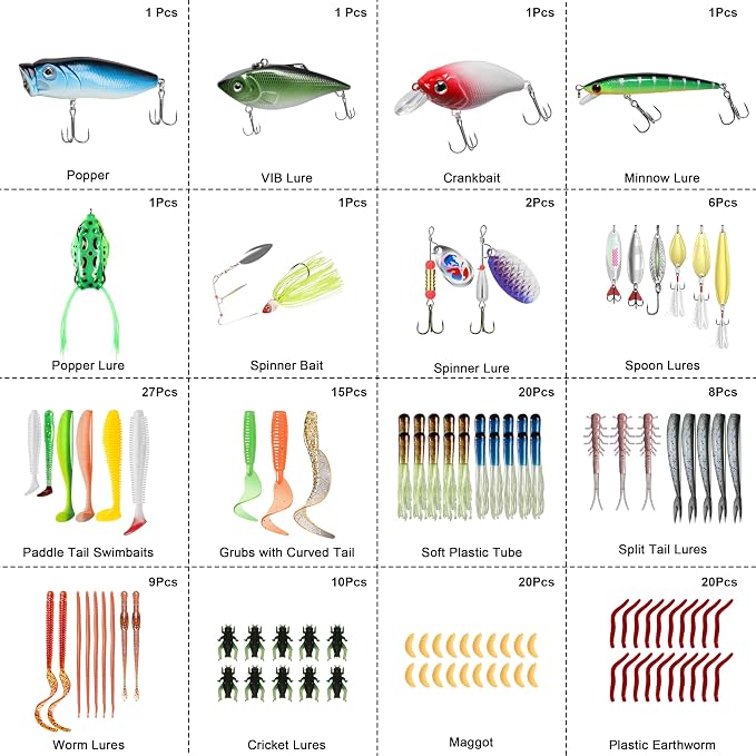 TRUSCEND Complete Fishing Lures - Tackle Box with Tackle Included - Crankbaits, Minnows, Frogs, Vibes, Poppers, Spinners, Spoons, Soft Baits, Hooks & Weights Accessories Kit for Bass Panfish Trout