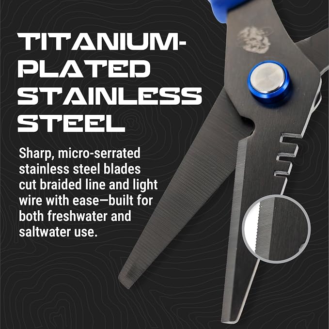 Reaction Tackle Fishing Line Scissors – 6.5” Heavy Duty Braid Shears with Serrated Stainless Steel Blades, Multi-Tool Fishing Scissors with Sheath, Braided Line Cutters, Mono, Fluoro & Wire