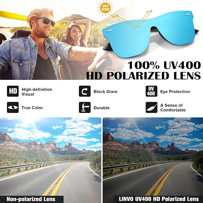 LINVO Trendy Polarized Mirrored Sunglasses Men Womens, Flat One Piece Reflective Shades for Driving Fishing UV400 Protection