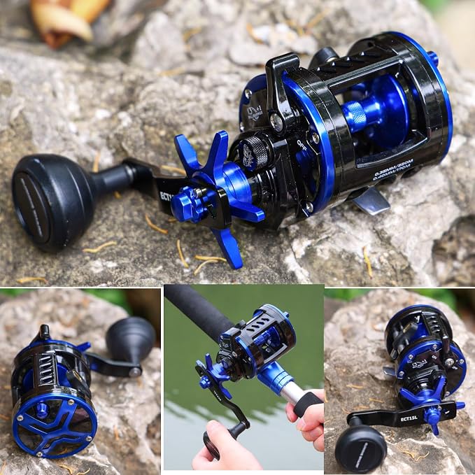 Burning Shark Baitcasting Fishing Reel, Smooth Powerful Round Baitcaster Reel, Saltwater Inshore Surf Trolling Reel, Conventional Reel for Catfish, Musky, Bass, Pike