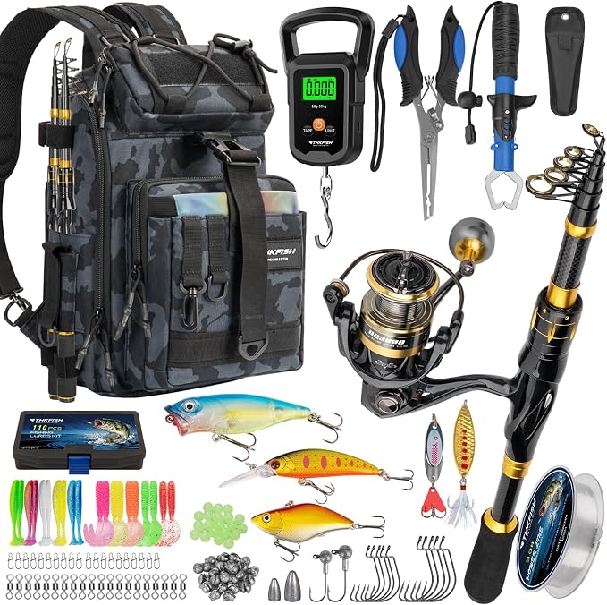 THKFISH Telescoping Fishing Rod and Reel Combo with Backpack, Carbon Fiber Travel Fishing Pole Spinning Reel Kit with Fishing Lures, Fishing Tools Kit for Men