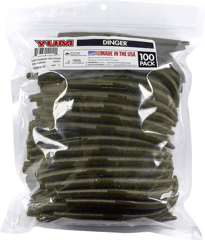 YUM Dinger Classic Worm All-Purpose Soft Plastic Bass Fishing Lure 100 Pack, 5 Inch