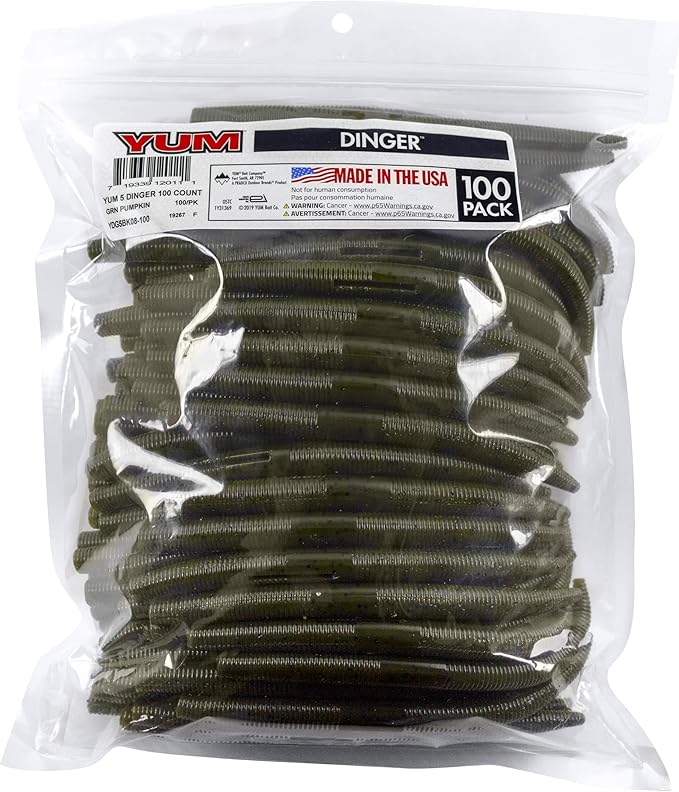 YUM Dinger Classic Worm All-Purpose Soft Plastic Bass Fishing Lure 100 Pack, 5 Inch