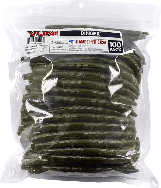 YUM Dinger Classic Worm All-Purpose Soft Plastic Bass Fishing Lure 100 Pack, 5 Inch