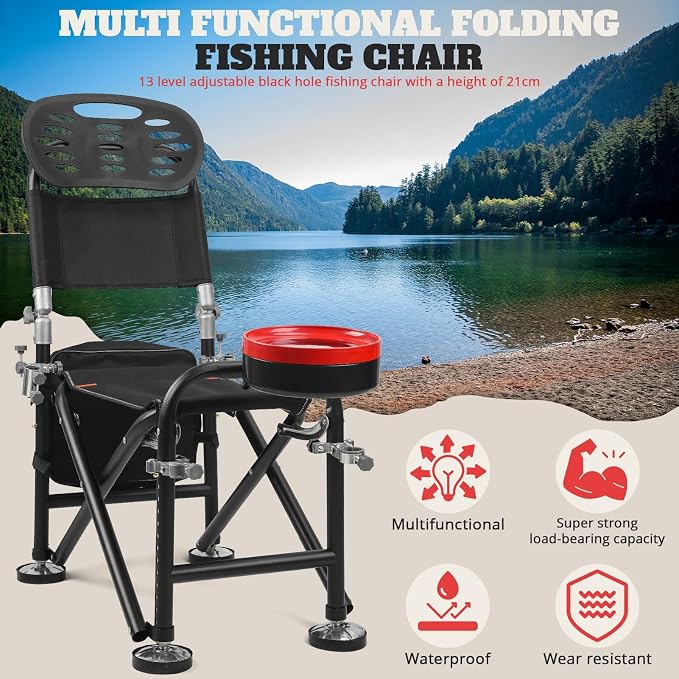 Foldable Fishing Chair with 2 Rod Holders & Iron Frame, Heavy Duty 300lb Portable Adjustable Camping Chair for Bank Fishing Outdoor Adventures Black