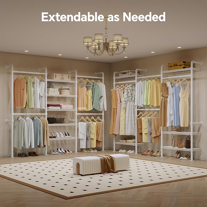 W3 Wall Mounted Closet System, Expandable Clothes Rack Heavy Duty Garment Rack Clothing Rack for Hanging Clothes, Industrial Pipe Closet Rack for Reach in Closet, White