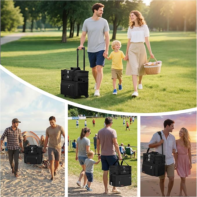 MIYCOO Cooler Bag with Wheels Double Deck - 60 Can Leakproof Insulated Portable Soft Lunch Cooler, Extra Large Expandable Ice Chest Cooler for Beach, Picnic, Camping, Shopping