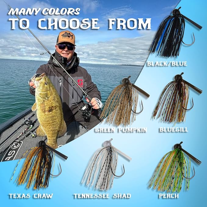 Reaction Tackle Football Jigs for Bass Fishing - Weedless Bait Design/Foot Ball Jig Head/Fishing Lures and Silicone Skirt - Also Pike, Walleye and Muskie and More (3-Pack)