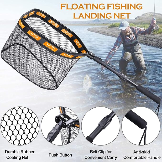 PLUSINNO Floating Fishing Net for Steelhead, Salmon, Fly, Kayak, Catfish, Bass, Trout Fishing, Rubber Coated Foldable Landing Net with Fixed or Telescoping Pole Handle, Fishing Gear and Gifts for Men