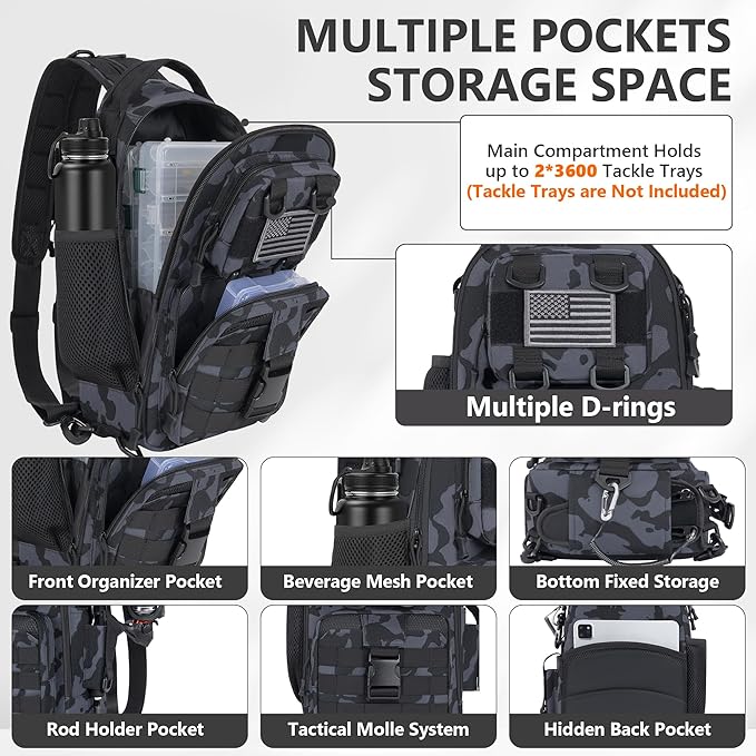 GMAK Fishing Backpack Tackle Sling Bag, Tactical Fishing Tackle Backpack with Rod & Gear Holder, Lightweight Outdoor Water-Resistant Tackle Gear Pack Shoulder Bags for Men Women, Black Camo