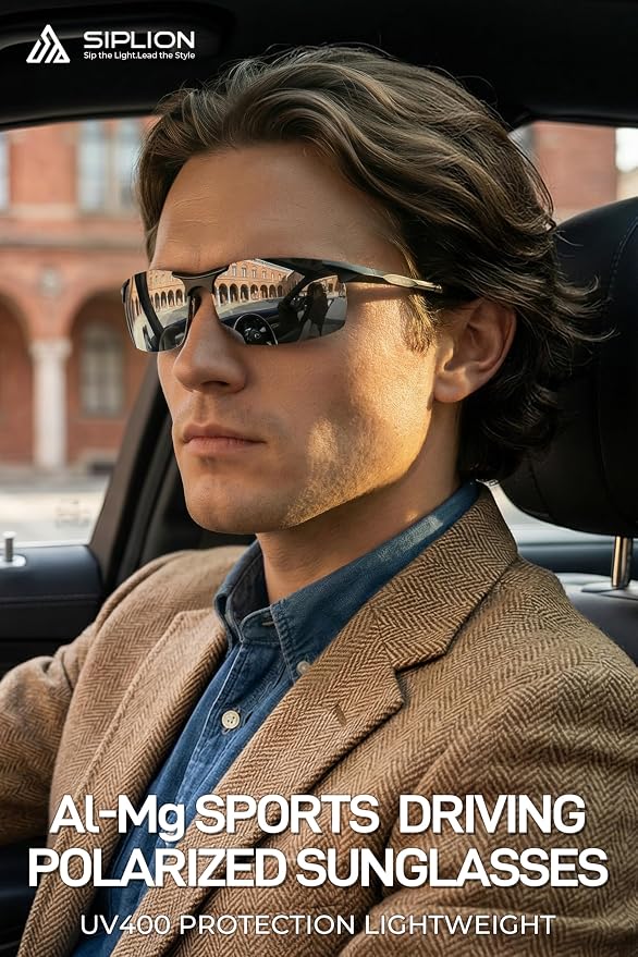 SIPLION Polarized Sunglasses Men Sports: UV Protection Ultra Light Al-Mg Metal Frame Ideal For Driving Fishing Running Golf